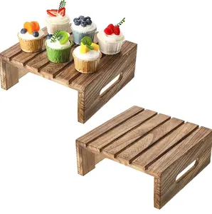 Weysat Rustic Brown Burnt Wood Display Riser Set 10x10x4 Inches Sturdy Wood Racks for Desserts Appetizers Party Trays Wooden Organiser
