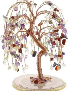 Natural 7 Chakra Healing Crystals Quartz Tree Tumbled Gemstone Stones Money Tree, Geode Agate Slices Base Feng Shui Ornaments Home Decoration for Wealth and Luck 5.5"-6.3"