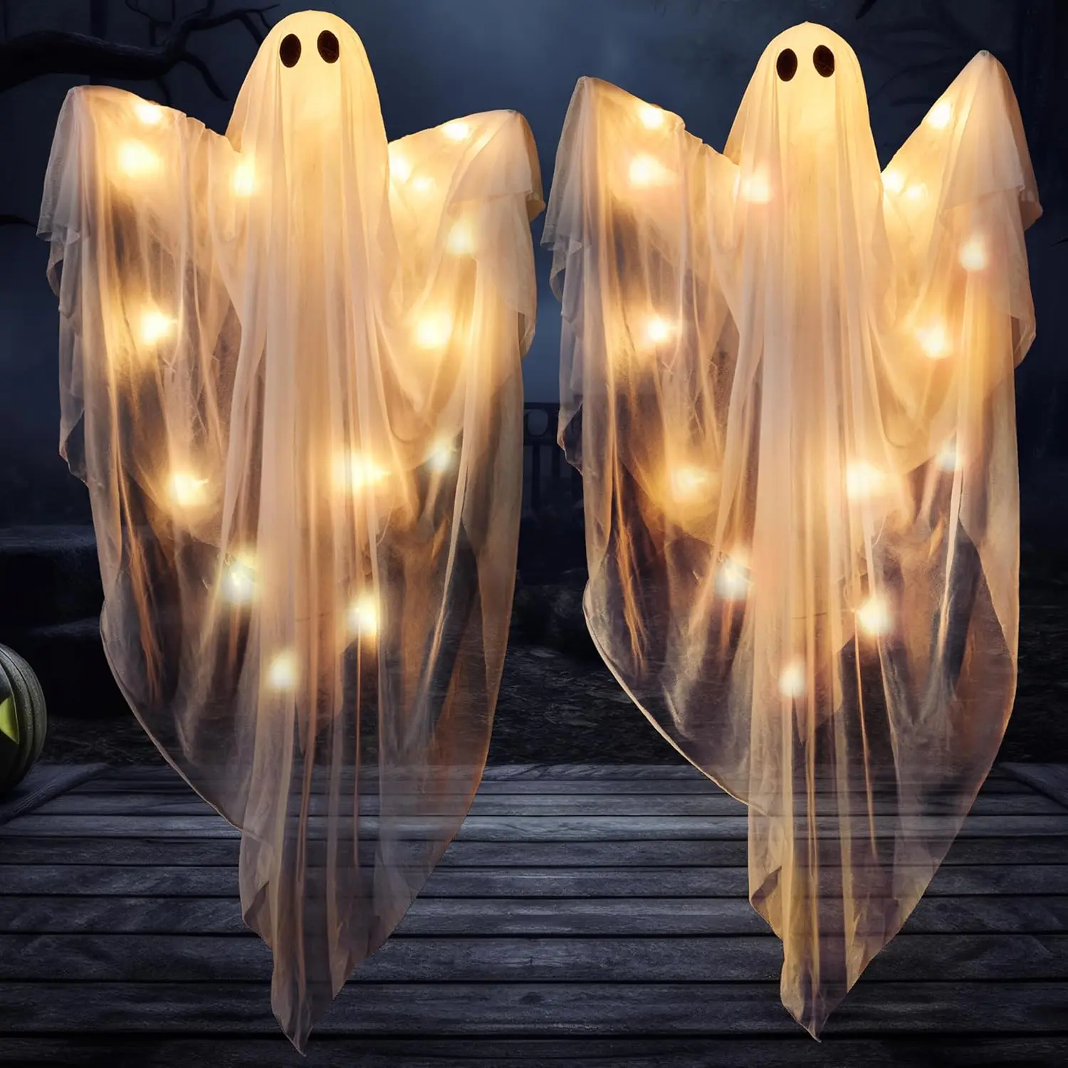 JOYIN 2 Pcs 47 Halloween Light up Hanging Ghost Decorations Outdoor, Halloween Flying Hanging Ghosts with Warm LED Lights and Timer for Haunted House Prop Front Yard Patio Party Decor Indoor Outdoor