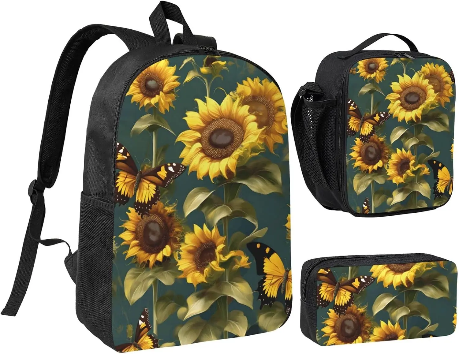Sunflower Floral Butterflies print Lightweight Bookbag,3Pcs Backpack School Backpack with Lunch Box and Pencil Pouch
