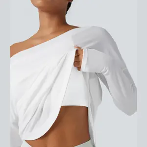 Halara One Shoulder Long Sleeve Thumb Hole Curved Hem High Low Quick Dry Yoga Sports Top-Built-in Bra #SpringStatement