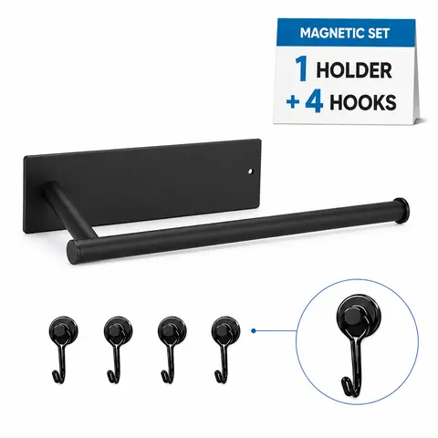 Modern Lightweight Magnetic Towel Rack - No-Drill Metal Tissue Dispenser with Removable Mount, 4 Hooks, Portable Toilet Paper Holder for Kitchen, Fridge/Microwave, Reuse & Reposition (1/2 Pack)