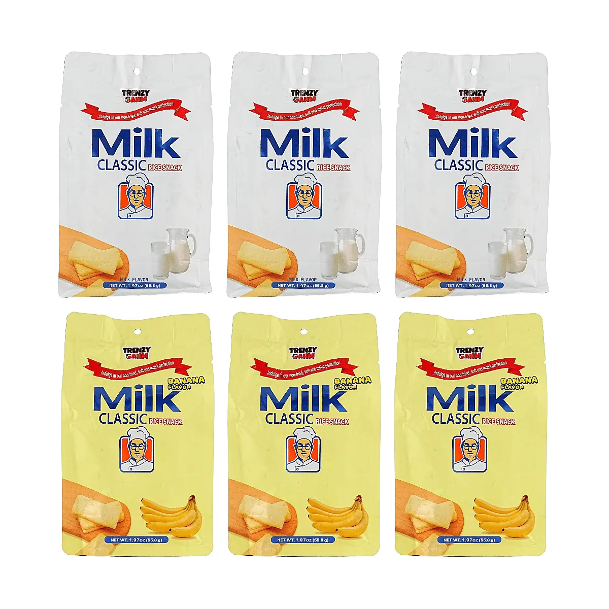 TRENZY GAHM Rice Crackers 2-Flavor Combo: Original & Banana (6 Packs) - Non-Fried, Melt-in-Your-Mouth Korean Snack