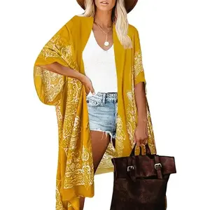 Women's Ethnic Pattern Batwing Sleeve Kimono, Casual Three Quarter Length Sleeve Split Hem Kimono, Ladies Summer Swimwear for Beach Vacation