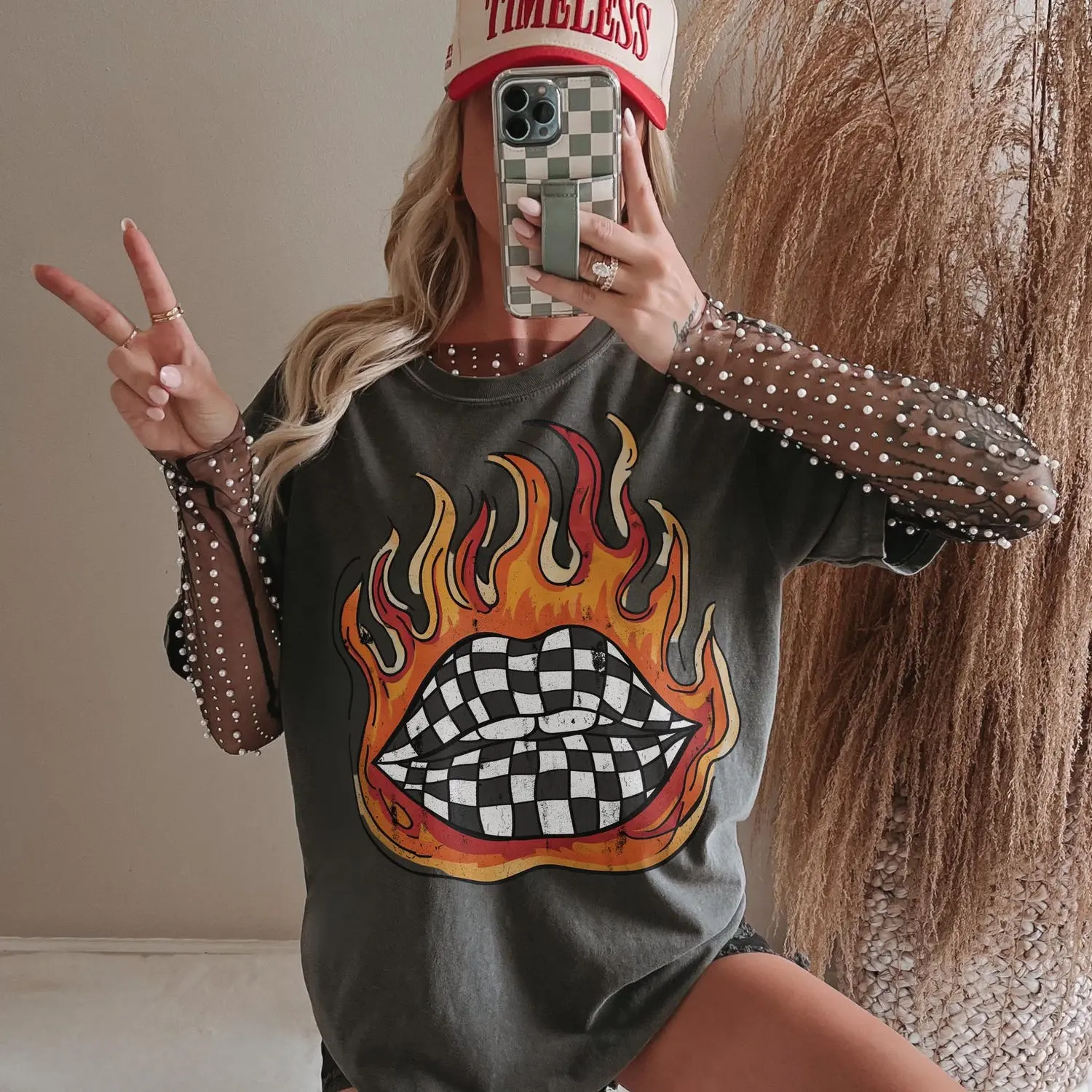 Checkered Flame Lips, Western Country women Graphic Tee, rodeo outfits for women, western outfits women, western tops clothing, Vintage Rodeo cowgirls outfits ideas, country concert outfits, Music Lover