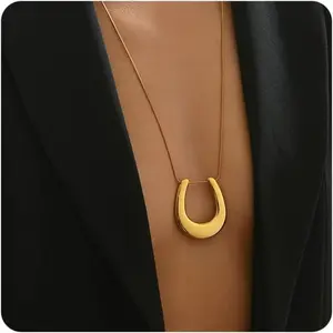 18K Gold Plated Horseshoe Sun Pendant Necklace, Satellite Beaded Snake Chain Long Statement Jewelry, Customizable Christmas Good Luck Gift for Everyday Wear