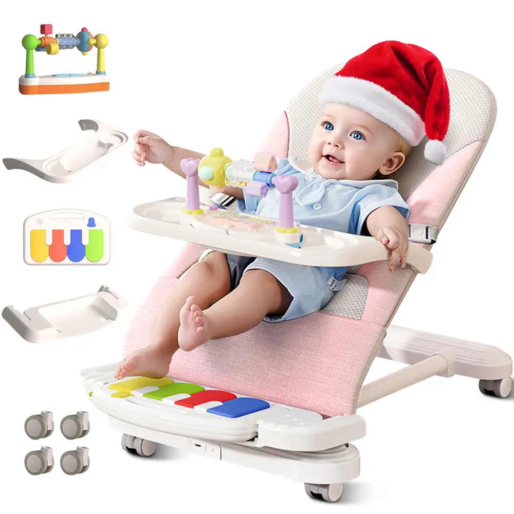 Baby Bouncer 4-in-1 with Wheels, Detachable Piano, Feeding Tray, Play Bar, Thick Base. 3-Level Incline Portable Seat for Infant to Toddler 0-6, 0-12, 12-24 Months, Upto 29Lbs