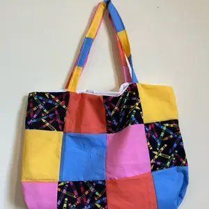 Crayon Bold Color Patchwork Tote Bag - Multicolored Fabric with Crayon Print Design