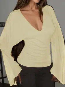 Women's Elegant Minimalist Deep V Neck Long Sleeve Bodycon Blouse Top, Perfect Gift, Casual Fashion, Comfortable and Versatile, All Seasons