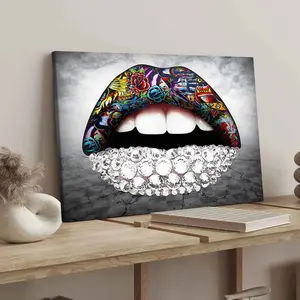 1Count Wooden Frame Canvas, Colorful Tattoo Diamond Lips Images, Exquisite Poster, Fashion Bedroom Decoration, Modern Art Home Poster, Waterproof High Definition Printing, Ideal Gift, Art