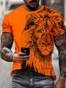 Men's Casual Summer T-Shirt, Vibrant Lion Print Design, Fitted Thin Fabric Style, Perfect for Daily Wear & Outdoor Activities