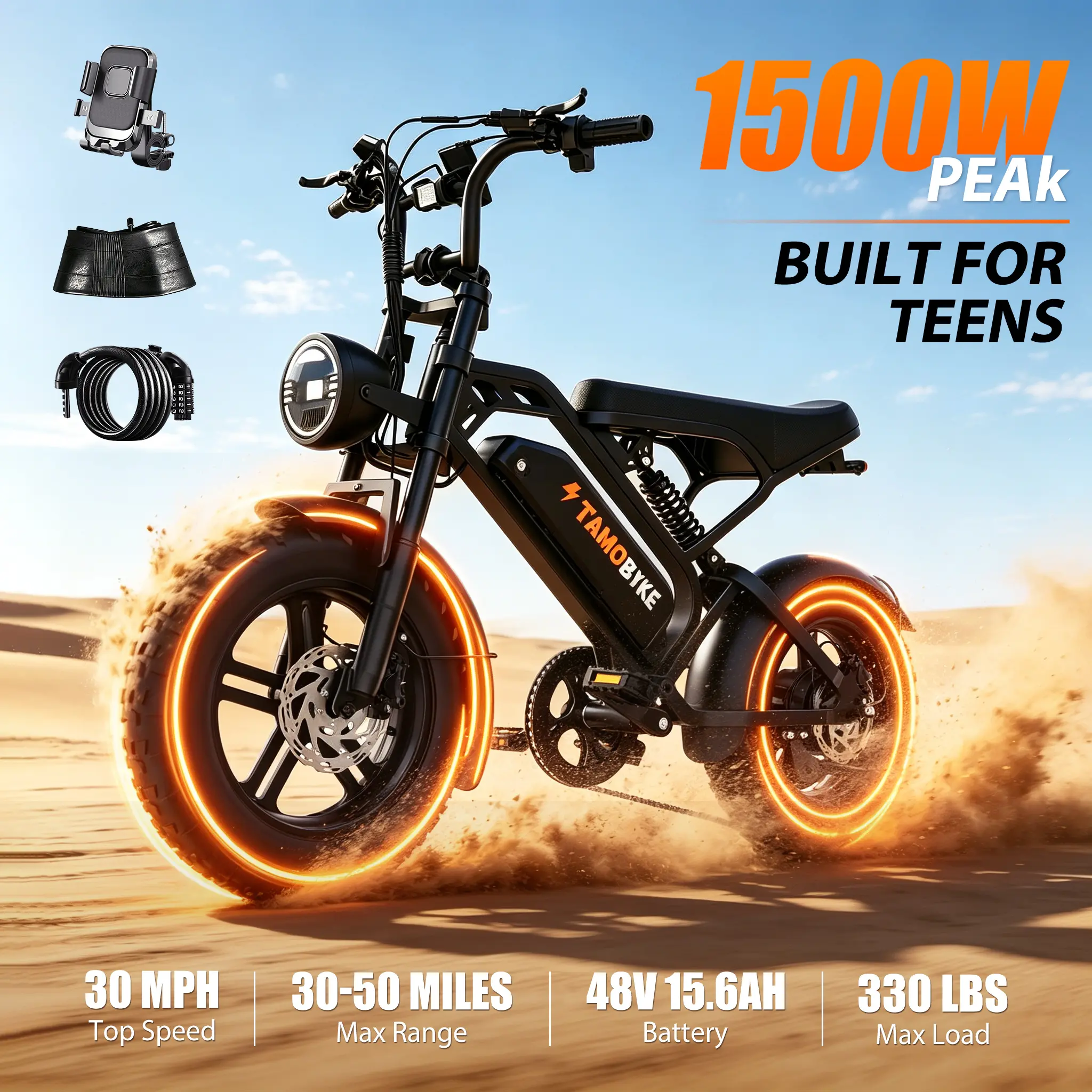 V20 Kids & Teens Mini Electric Dirt Bike (Mini Bike) - 1500W Motor, 30 MPH Top Speed, 48V 15.6Ah Removable Battery, 16" Fat Tires, 7-Speed Gear System, Dual Hydraulic Brakes, Ideal for Off-Road Adventures