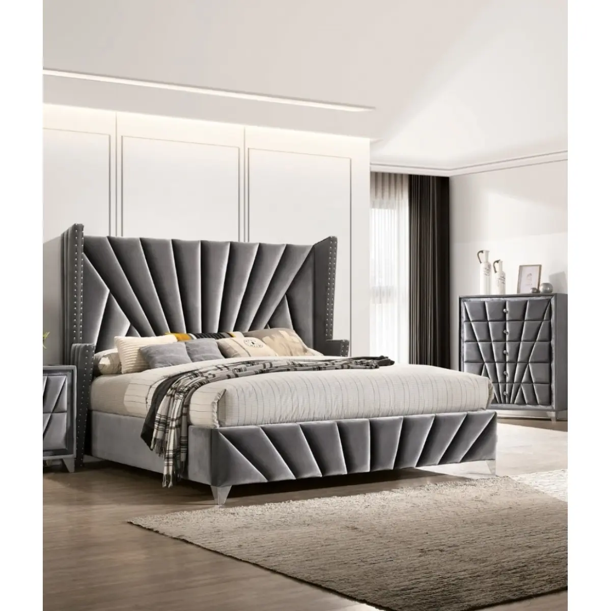 Bellemave Queen Size Upholstered Bed, Gray Velvet Wingback Bed Frame with Tufted Headboard & Nailhead Trim