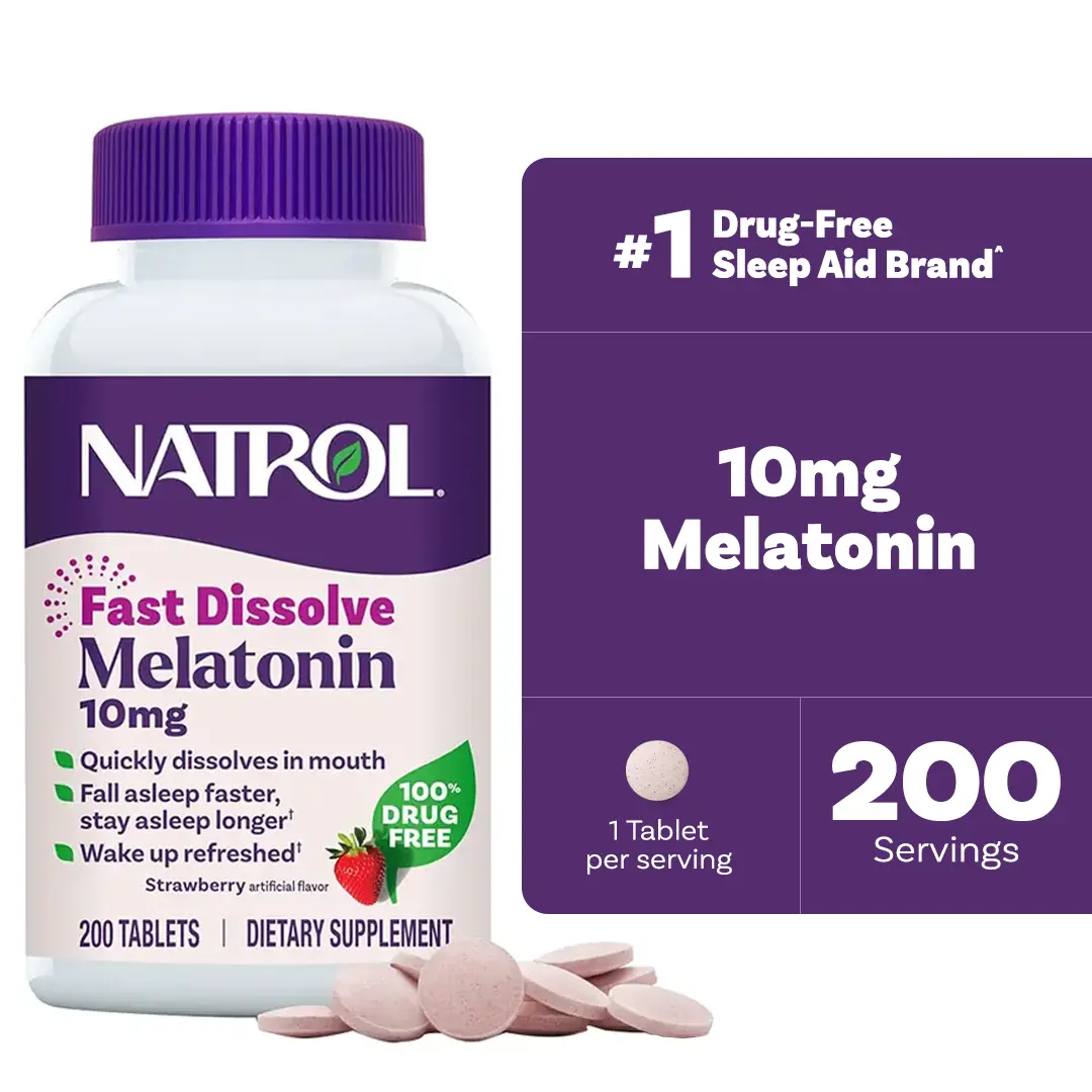 Natrol Fast Dissolve Melatonin Deep Sleep Aid Tablets, 10 mg, Adult Restful Sleep Support, 200 Strawberry-Flavored Edible Tablets with Sucralose Maltodextrin Gum Arabic, Self Care Products, Up to 200-Day Supply