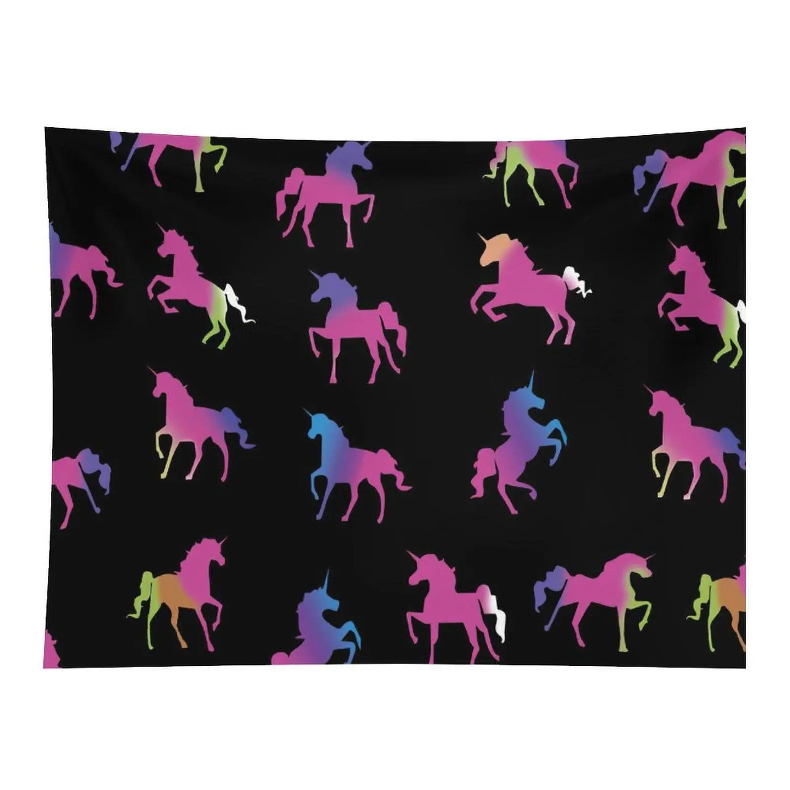 Rainbow Gradient Unicorn Silhouette Seamless Black Background Cute Fantasy Animal Pattern Wall Tapestry For Girls Room Party Backdrop Decor