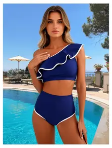 Navy Blue One Shoulder Bikini Set - Ruffle Swimsuit for Women - High Waisted Bikini, Contrast White Trim, One Piece Bathing Suit, Swimwear - S