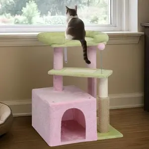 Cat Tree House And Towers For Big Feline Scratching Post Multi-Level Large Kitty Climbing Tower With Curved Perch Cozy Condo Padded Top Bed Kittens Indoor Cats Beige Green，Fashion Accessories Fabric Buddy