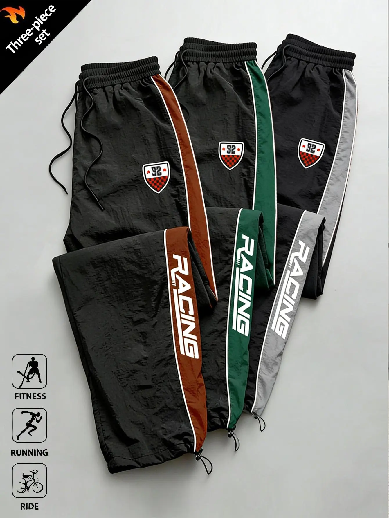 3-pack men’s casual color-block straight-leg drawstring pants, suitable for everyday commuting, workouts, and a fashionable street-style athletic look. Comfortable, breathable fabric; regular fit. Lightweight and practical long pants for summer.