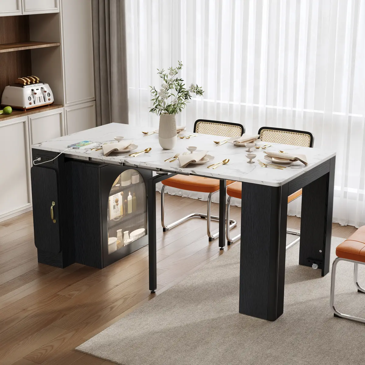 [Bellemave] Extendable Dining Table with 3 Removable Leaves, Rolling Kitchen Island Table with Power Outlet & Storage Cabinet, Saving-space Cabinet for Dining Room and Living Room