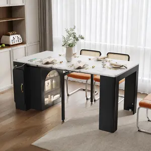 [Bellemave] Extendable Dining Table with 3 Removable Leaves, Rolling Kitchen Island Table with Power Outlet & Storage Cabinet, Saving-space Cabinet for Dining Room and Living Room
