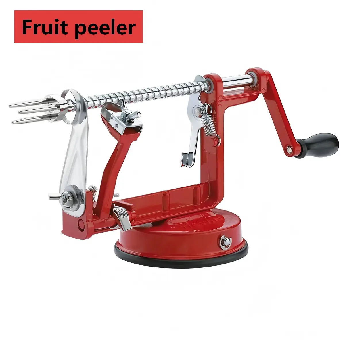 Red multi-functional apple and potato peeler and slicer, heavy-duty stainless steel kitchen tool with strong suction cup base.