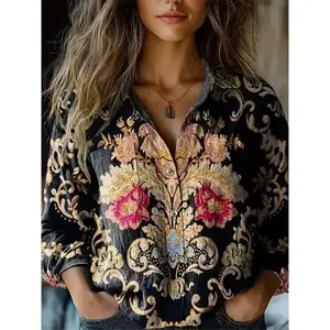 1pc Women's Bohemian Print Long Sleeve Shirt, Casual Polyester Blend with Elastane, All-Season Lapel Collar Button-Up Top polo shirts women Fit FabricJJ35 D266