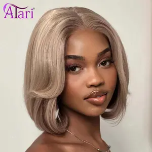 Human Hair Lace Front Wig, Ash Blonde with Brown Roots Short Bob, 13x4 Transparent Lace Wigs Human Hair, Human Hair Wigs
