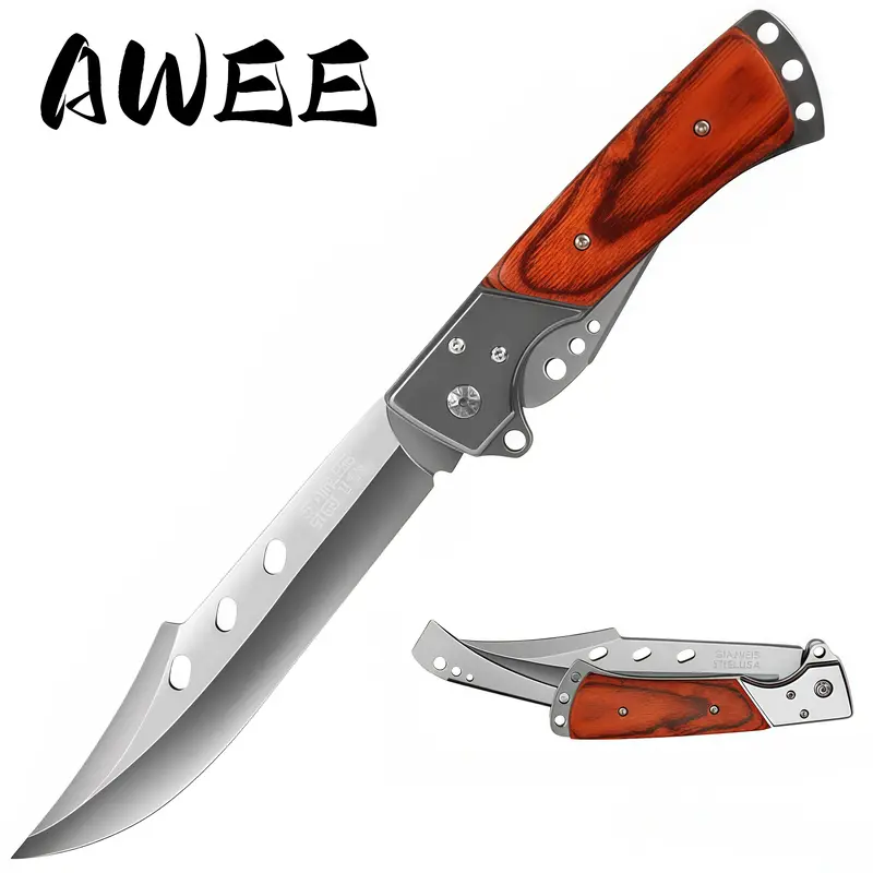 Long Blade Folding Knife - Sharp EDC Tactical Knife for Hunting Hiking Camping Survival | Rosewood Handle, Father's Day Gift for Men