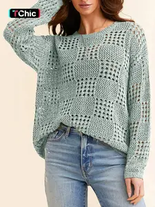 Women's Plain Hollow Out Crew Neck Fitted Sweater, Casual Long Sleeve Jumper for Daily Wear, Ladies Knitwear for All Seasons