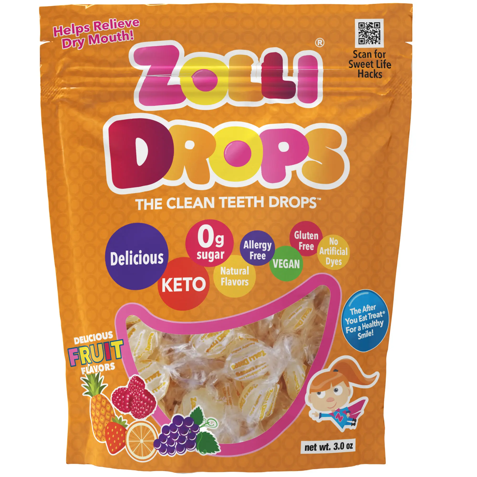 Zolli Drops Fruity Hard Candy 3oz, Delicious, Zero Sugar, KETO, Vegan, Gluten Free, Allergy Friendly, No Artificial Dyes, Kosher - Helps Relieve Dry Mouth Sugar Free Snack Sweet