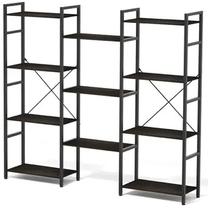 Triple 4 Tier Bookshelf, Tall Book Shelf with 11 Open Display Shelves, Adjustable Industrial Bookcase in Living Room, Bedroom, Wide Metal Bookshelf Book Case for Home & Office, Black