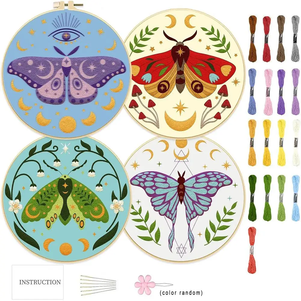 DIY Butterfly Embroidery Kit, Embroidery Kit for Beginner, Including Embroidery Thread & Cloth & Hoop, Threader, Needle, Instruction, Summer for Gift,