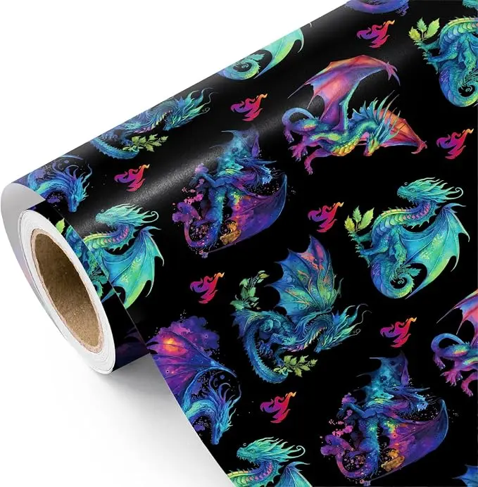 WRAPAHOLIC Dinosaur & Dragon Wrapping Paper Collection, Fantasy Animal Gift Wrap with Neon Dragon, Halloween Dinosaur and Christmas Dino Designs for Boys Kids Teens Gamers Birthday Party Holiday Gifts, 17 Inch x 16.5 Feet