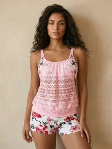 Curvvy Swim 2026 Women’s Floral Print Bikini Set for Women, Cute Cami Top with Shorts Casual Summer Relaxed Fit Tummy Friendly Swimwear for Beach Vacation