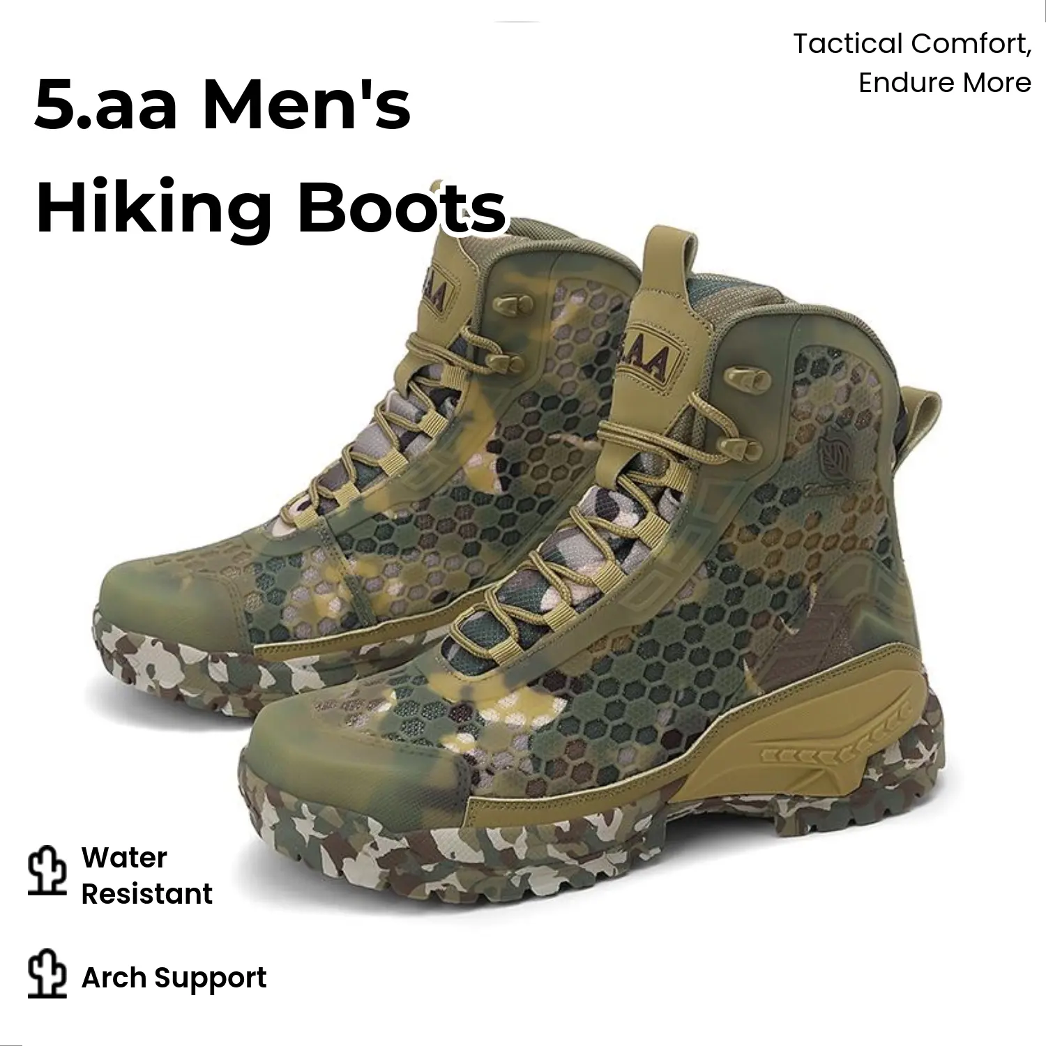 5.AA Male High-Top Lace-Up Closed PU Camo Military Combat Boots - Lightweight, Breathable, Mesh, Cushioned Footbed, Non-Slip, Ankle Support, Wide Round Toe, Water Resistant Tactical Work Safety Hiking Walking Shoes for Construction Work, Daily Outdoor Use