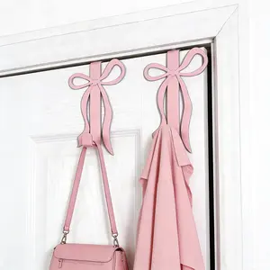 Pink Bow Door Hooks Set of 2, Metal Durable Hangable Door Hangers, Cute Room Decor Accessories, Ideal for Cabinets, Living Room, Bathroom, Bedroom, Kitchen