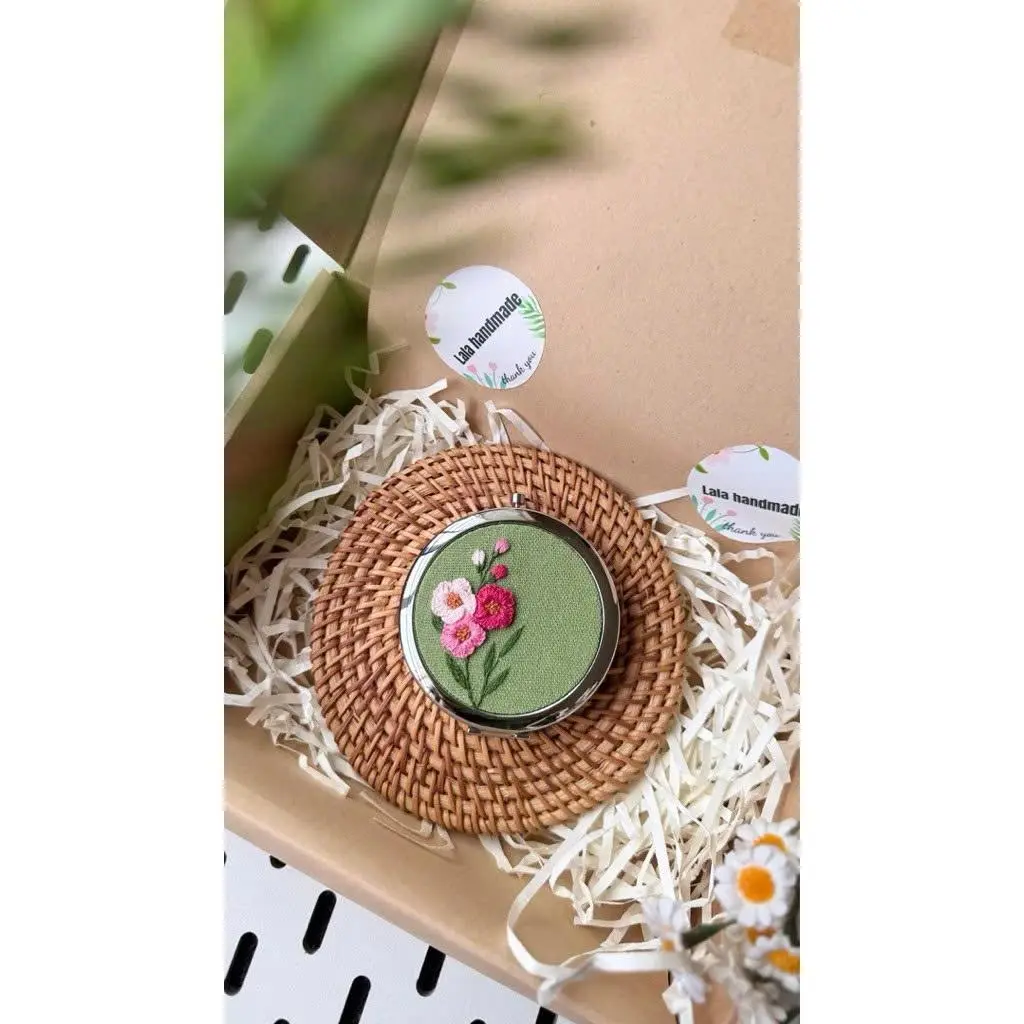 Vintage Floral Embroidered Handheld Mirror, Handmade Compact Vanity Mirror