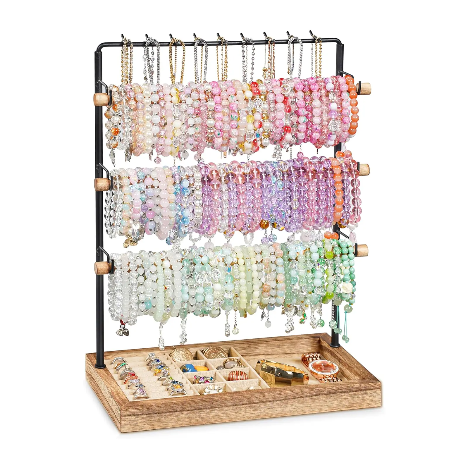 Emfogo jewelry Organizer Stand for Women Girls, 5 Layer Wood and Metal Bracelet Holder with Necklace Pole, Rustic Brown Tabletop Jewelry Display Rack for 18 Necklaces, 90-108 Bracelets, Rings, Watches and Scrunchies
