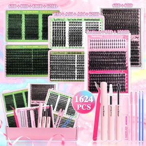 DIY Lash Kit, Eyelash Extensions Set, False Eyelash Set, Waterproof Long-Lasting Fluffy Weightless, Individual, with Ultra-Thin Band Bond & Remover, Beginner Friendly, Eyelash Clusters, Self Grafting Curling Lashes for Women