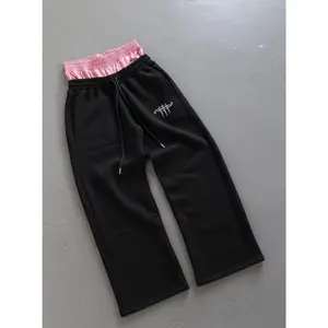Men's and Women's Black Loose Casual Double Waist Pants - Black Men's Wear with Fake Two Piece Sportswear Clothes Menswear