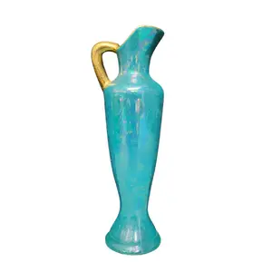 Opalescent Gilded Pitcher Vase Blue Green Antique Vintage 7 Inch Tall with Handle for Elegant Home Decor Glam Style