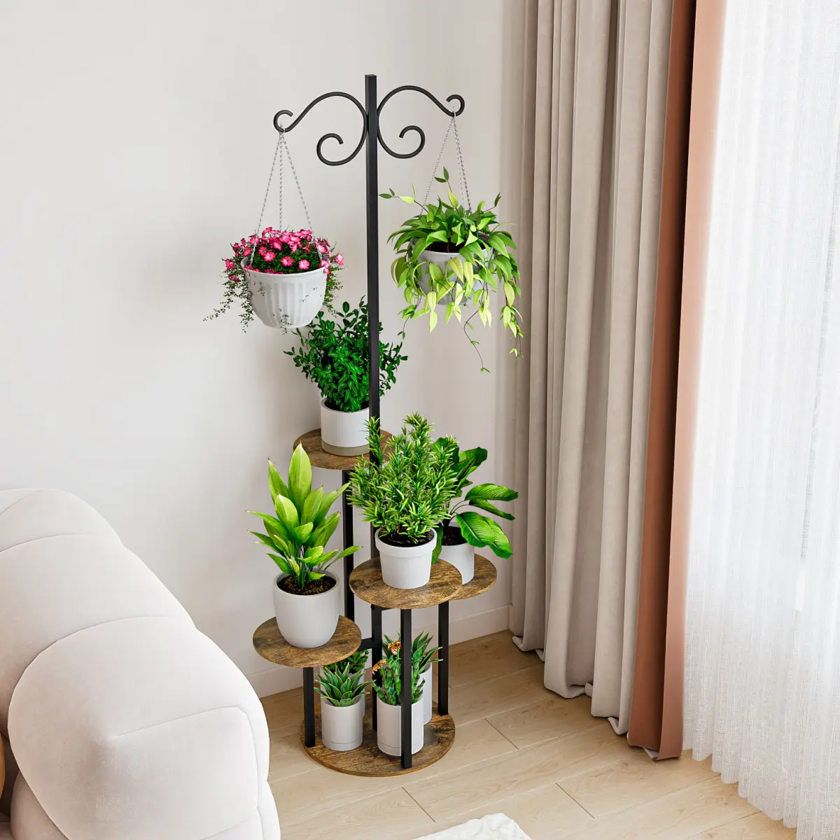 Plant Stand Indoor 5 Tier 8 Potted with hook hanging basket Multiple Flower Pot Holder for Patio Garden Balcony Living Room Corner (5 Tier with hook)