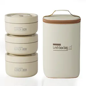 3 Pcs Insulated Bento Box Portable Stainless Steel Food Container Round Microwave Safe Stackable Leakproof Thermal Food Container for Adult Men Women with Insulated Bag(Beige) lunch  box mom  running  lunchbox bentgo box