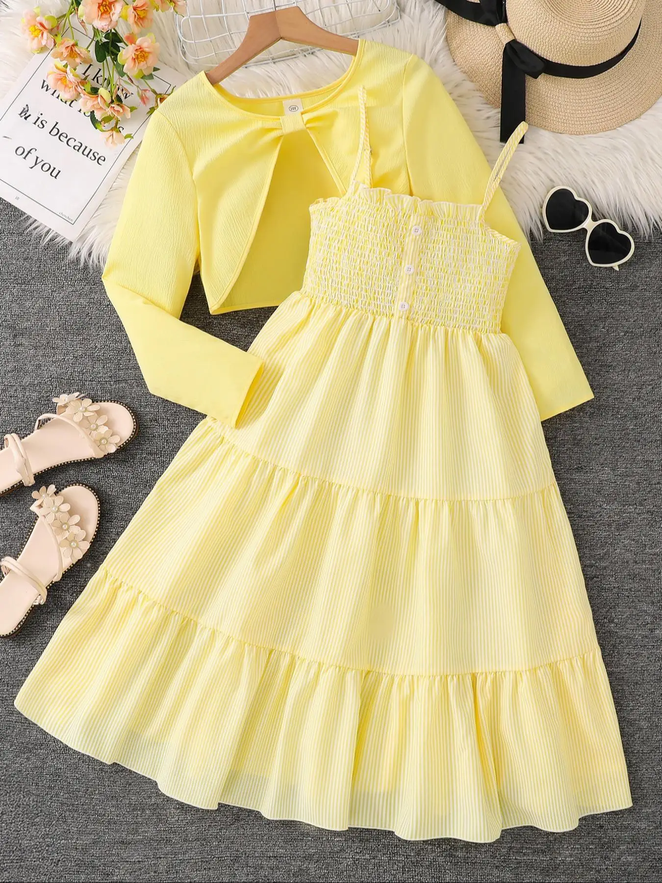 Girl's Knot High Low Blouse Top & Ditsy Floral Print Shirred Button Cami Dress Two-piece Set, Elegant Long Sleeve Top & Sleeveless Dress for Fall & Wi