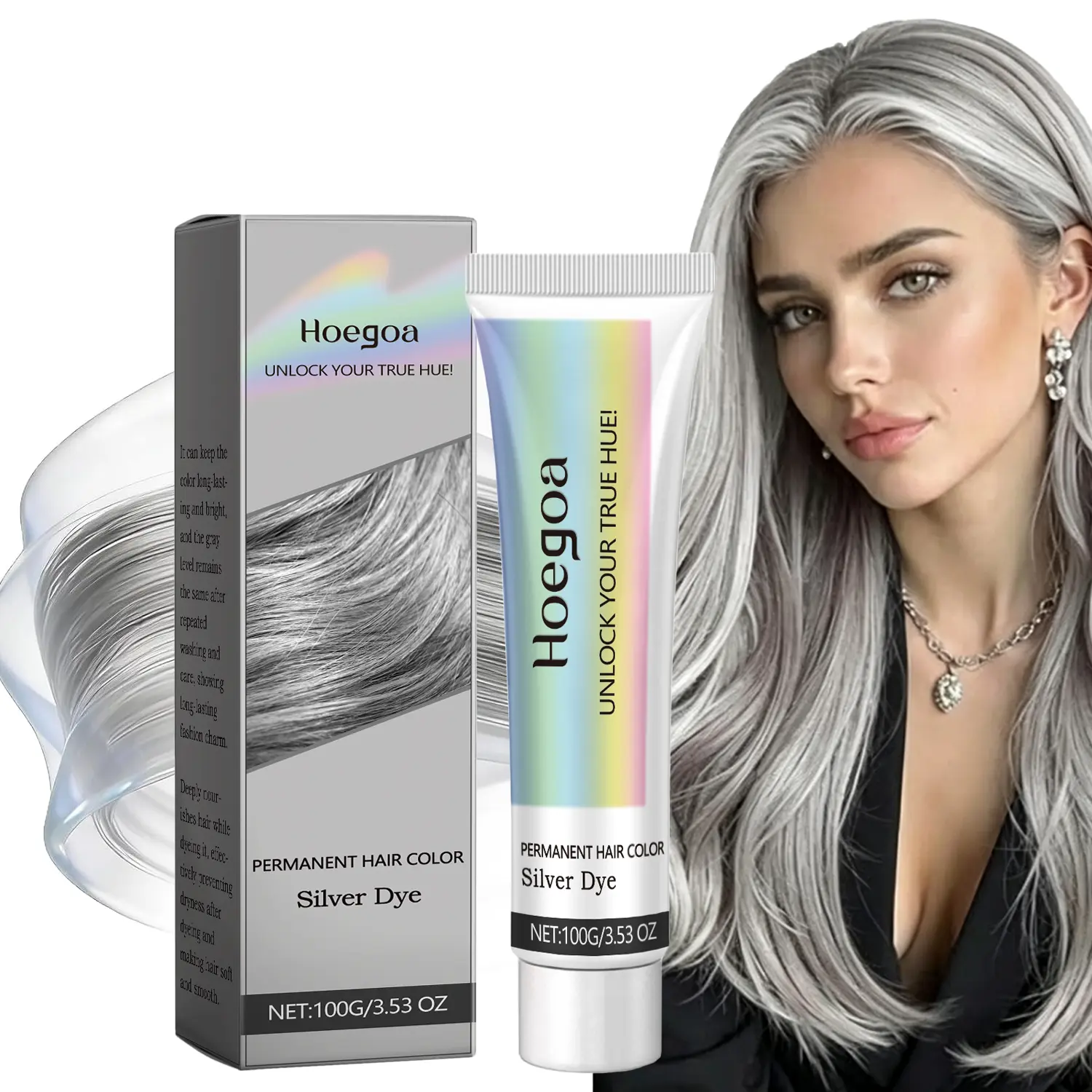 Silver Hair Color Cream, 2-in-1 Hair Dye & Conditioner, Long-Lasting Silver Gray Hair Dye for Light & Pre-Lightened Hair, Nourishing Permanent Hair Color, Easy Home DIY, 3.53 Oz