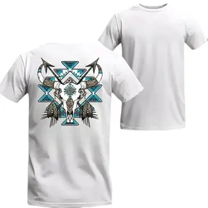 Unisex Oversized Western Clothing Sporty Sports Top, Gym & Casual Wear Tee with Western Bull Skull, Feathers Graphic & Blue Aztec Patterns, Sporty Sports Tops