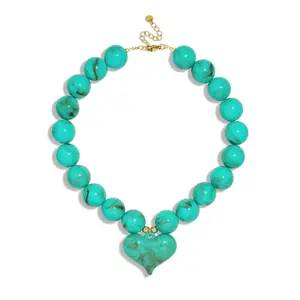 DoDoBeads Chunky Resin Heart Necklace, Handmade Turquoise Beaded Statement Necklace for Women, Gifts for Women