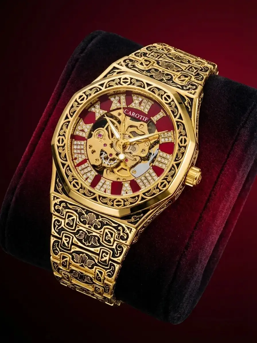 Men's Vine Engraved Luxury Watch, Cut Out Skeleton Dial with Red Diamond Accents, < 30M Waterproof Analog Alloy Timepiece, Full Diamond Accents, Fully Engraved, Luxury Wear, Gold, Mechanical, Round, Swiss, Classic Analog Watch, Fashionable Stylish Watch
