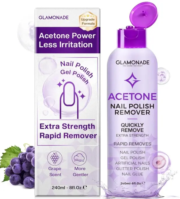 Glamonade Acetone Nail Polish Remover: Professional Gel Polish Remover for Nails - Gel Nail Polish Remover for Removal of Gel/Glue/Artificial nail - with Grape Seed Oil for Gentle Removal(8 Fl Oz)