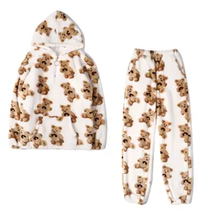 NAPLAND Women's Cute Printed Bear Cozy Fleece Hoodie & Pants Set, Winter Loungewear With Normal Sleeves, Soft And Warm Outfit Fabric Pajama Homewear